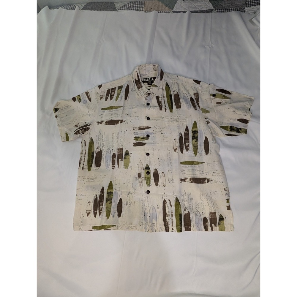 Kahala 1936 Hawaiian Shirt XL Surfboard Print Rayon Linen Cotton Made Hawaii